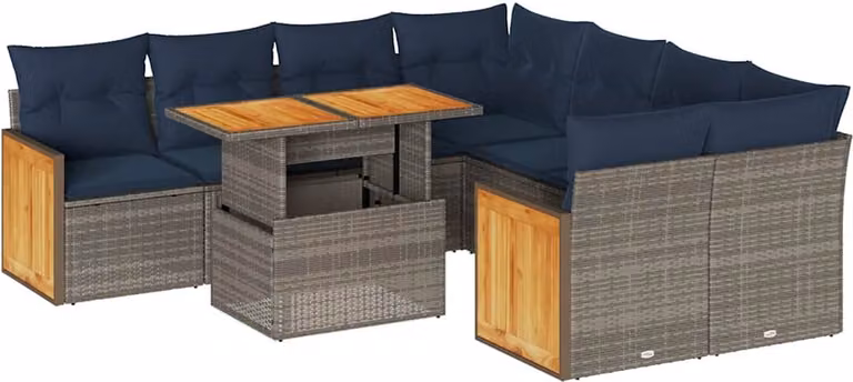 Set Divano da Giardino 9pz con Cuscini Grigio Polyrattan Acacia
