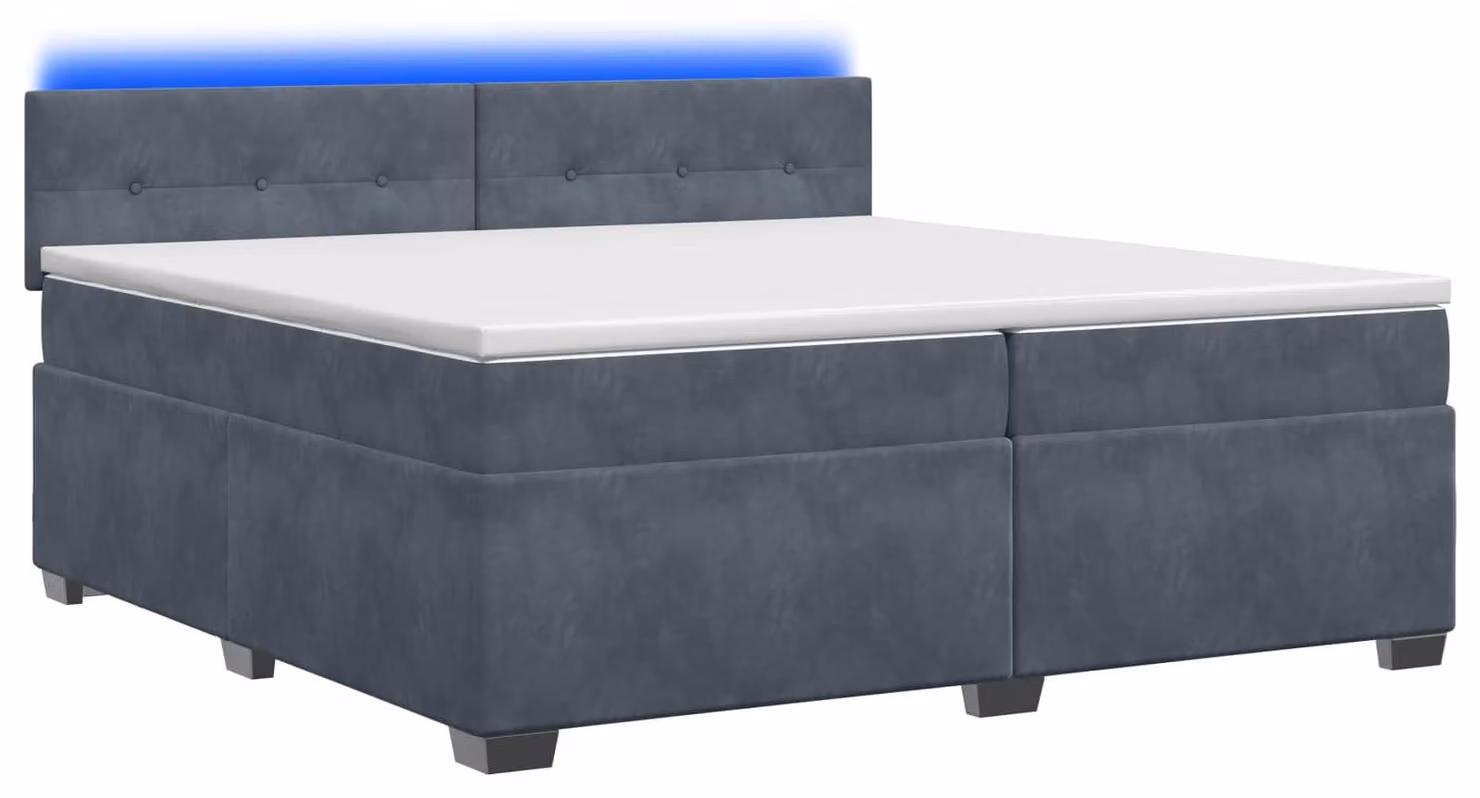 Letto con boxspring, materasso e illuminazione LED, colore grigio scuro, dimensioni 200 x 200 cm, rivestito in velluto