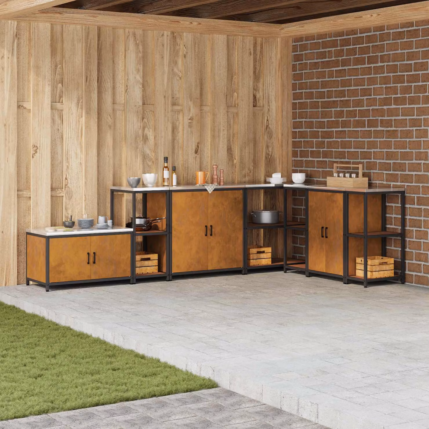 Unità di scaffali per cucina e giardino vidaXL HATTEM in metallo, colore arancione ruggine, H 92 x L 40 x P 50 cm