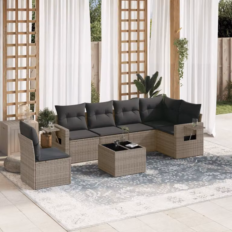 Set di divani da giardino vidaXL a forma di L in polyrattan grigio con 7 pezzi e cuscini inclusi