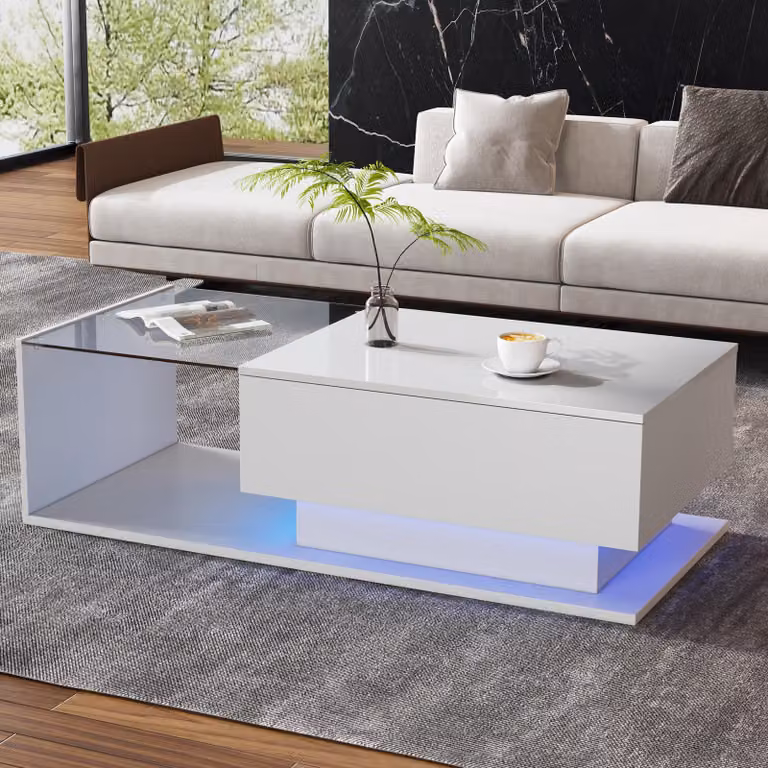 Tavolino da divano, dimensioni 100x50x32 cm, realizzato in pannello di particelle di legno al 100%, colore bianco, con piano in vetro, 1 cassetto e illuminazione a LED