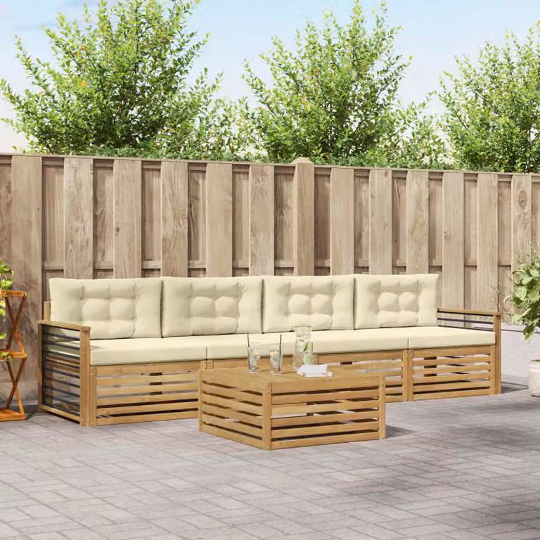 Set di divani da esterno vidaXL in legno di acacia con tavolo da caffè, 5 pezzi, Bianco e Beige