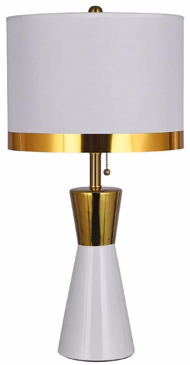 Casa Padrino lampada da tavolo in Vetroceramica bianca / oro / bianca Ø 30 x H. 60 cm - Lampada da tavolo rotonda in Vetroceramica con paralume - Luci in Vetroceramica