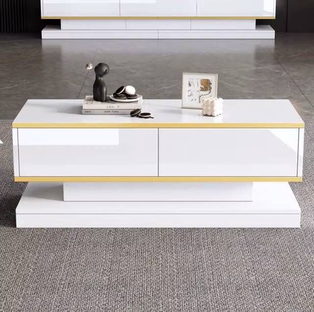 Tavolino da caffè bianco caldo e oro con 2 cassetti, 100x50x38 cm