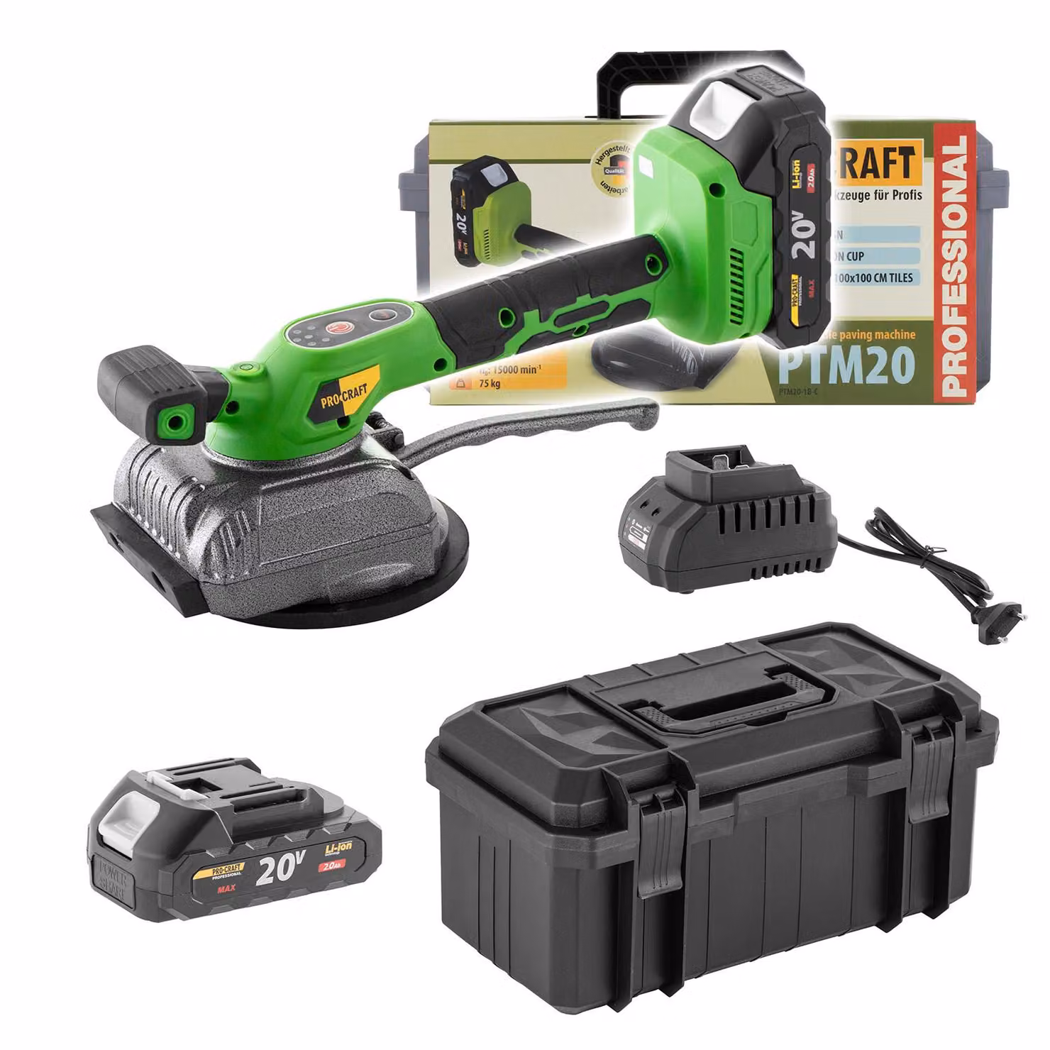 Procraft PTM20-1b-c Aspiratore per piastrelle a vibrazione a batteria 20 V + 1x batteria 2,0 Ah + caricabatteria + valigetta