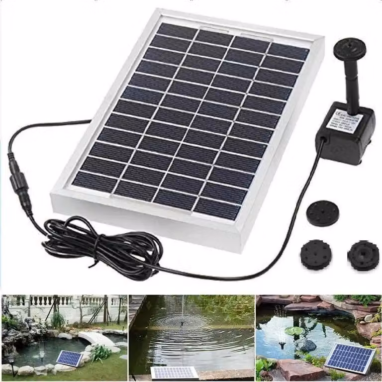 Pompa solare per laghetti - Set di pompe per fontane - Potenza 5 W - Portata 250 L/h - Altezza massima 60 cm - Quattro bocchette - Metallo. Altezza 60 cm - Quattro ugelli - Metallo