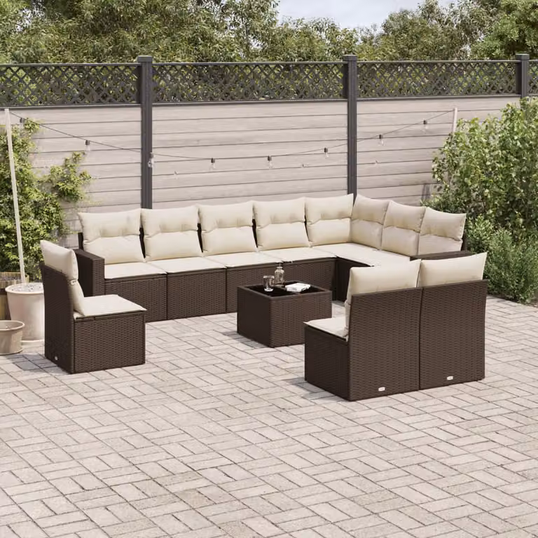 vidaXL Set Divani da Giardino 11 pz in Polyrattan Marrone e Bianco con Cuscini e Tavolino da Esterno