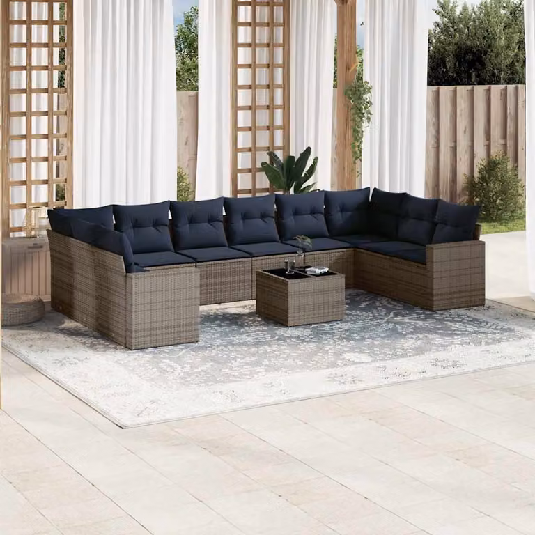 vidaXL Set Divani da Giardino a L 11 pz in Polyrattan Grigio con Cuscini e Tavolino