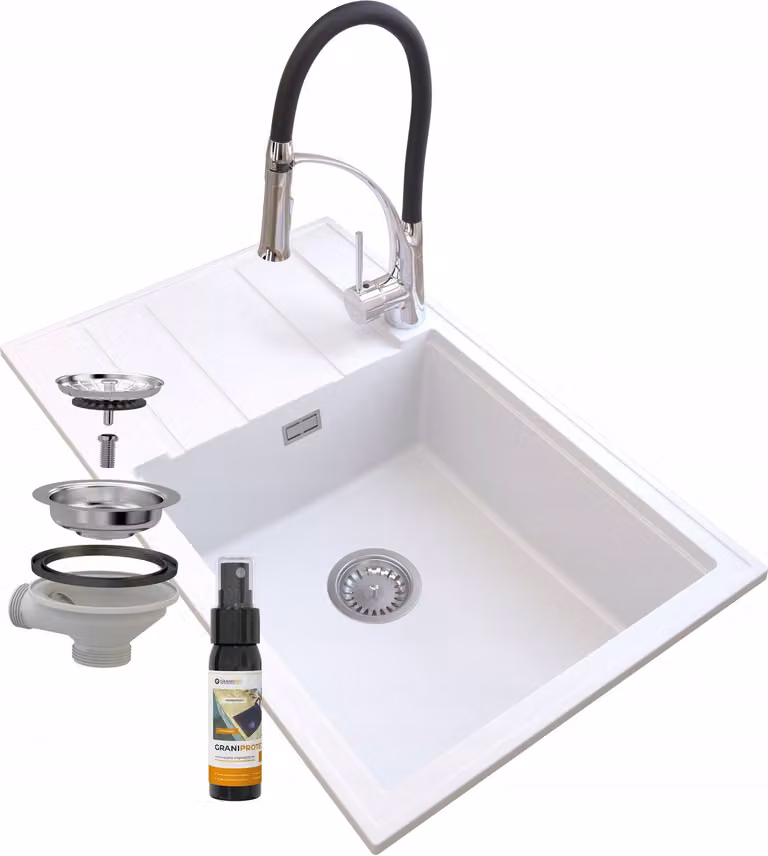 Granitan - Lavello in granito - Lavello da cucina - 80x50 cm - Bianco - con rubinetteria NEXO e scolapiatti - LOUIS
