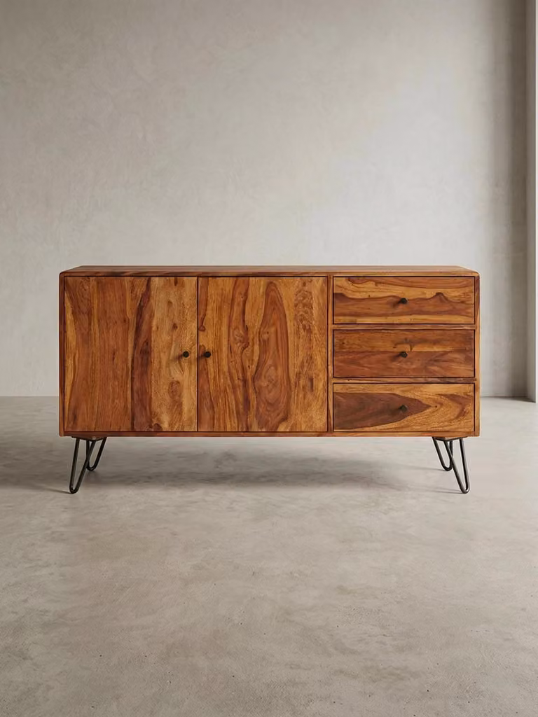 Credenza in sheesham, stile country, 3 cassetti e 2 ante, gambe a forcina. 145x40x75 cm | Kadima Design