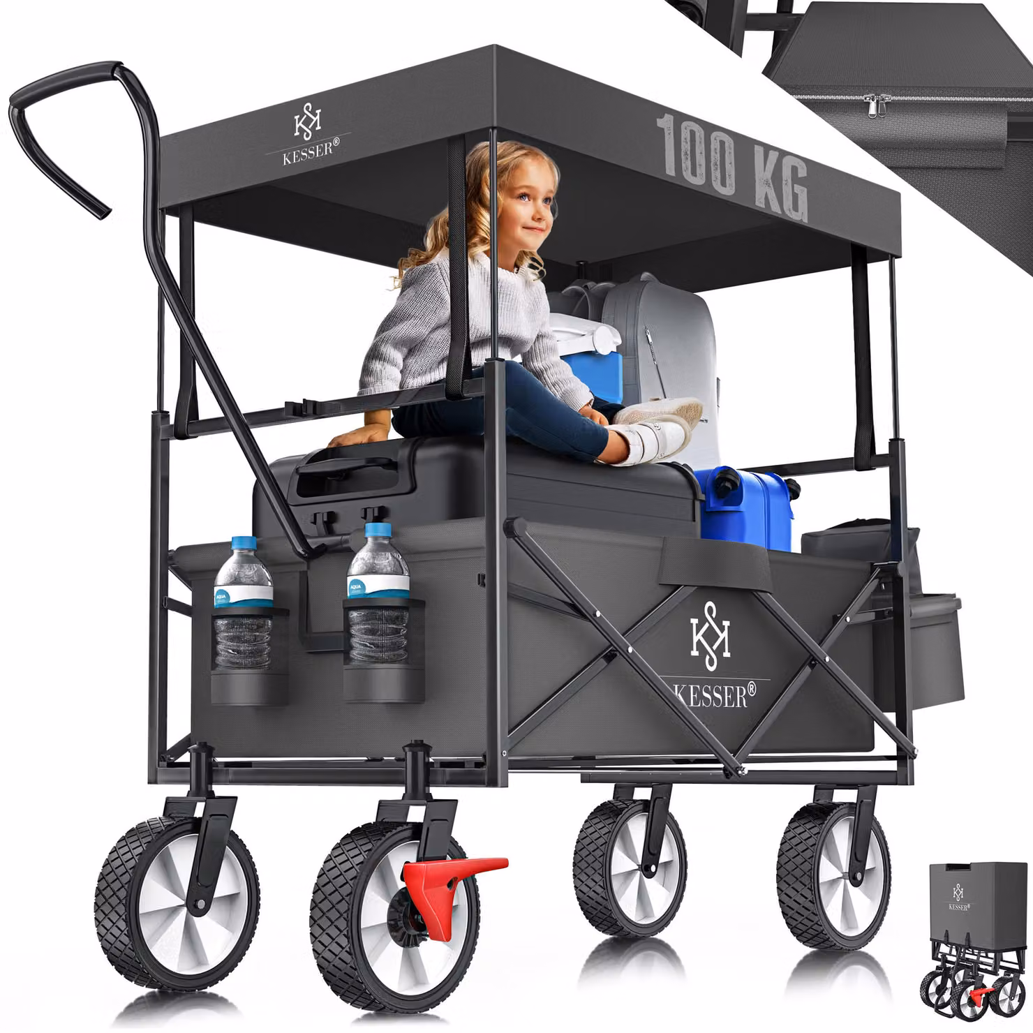 Carrello pieghevole KESSER® con tettuccio | Carrello a mano | Carrello da trasporto | Carrello portaattrezzi | Incl. 2 tasche a rete e 1 tasca esterna | Pieghevole | Pneumatici in gomma piena | Portata fino a 100 kg | Con freno sulla ruota anteriore