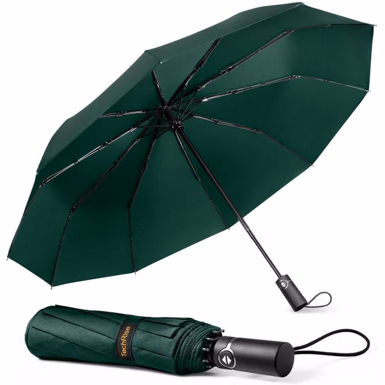 TechRise Ombrello da Viaggio Antivento - Grande, Resistente al Vento, 10 Stecche, Automatico, Compatto, Verde