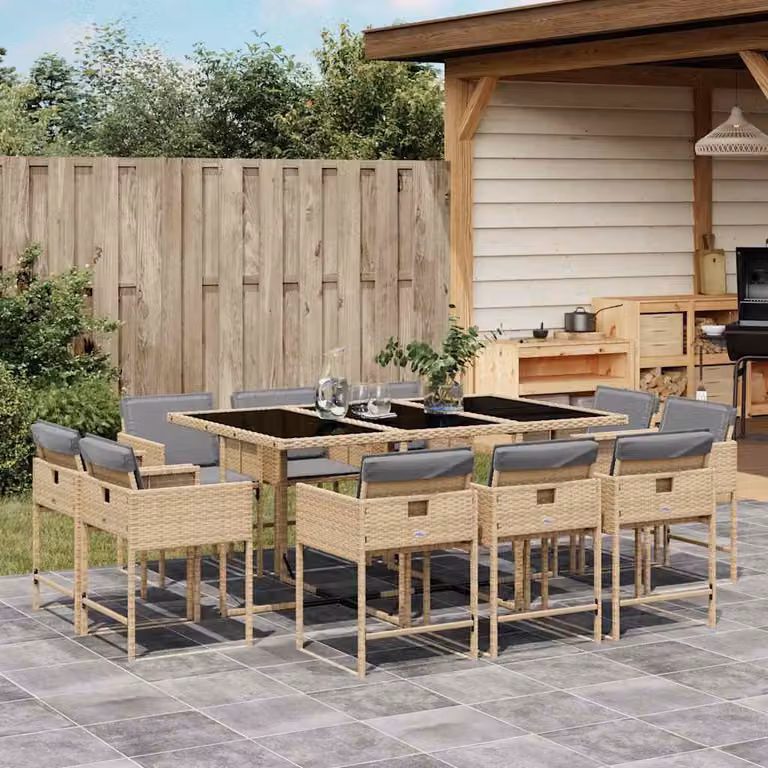 Set Pranzo da Giardino vidaXL in Polyrattan con Cuscini Beige e Grigio, 11 Pezzi con Tavolo in Vetro