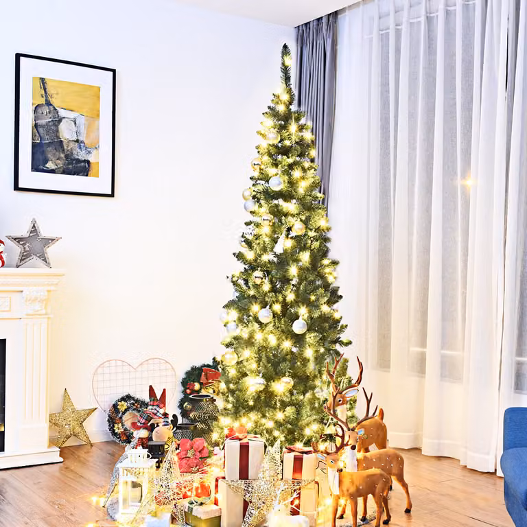 Albero di Natale Costway verde con 150 luci LED bianco caldo, Altezza: 225 cm