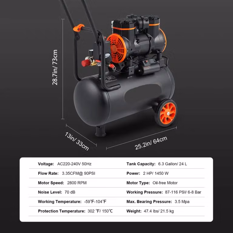 Compressore d'aria silenzioso e senza olio - Compressore d'aria - Compressore d'aria per gonfiaggio pneumatici - Basso livello di rumore (70 dB) - Capacità di 6,3 galloni