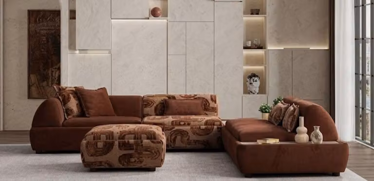 Divano ad angolo a forma di "L", con pouf, color marrone, stile moderno, spazioso e confortevole, ideale per il soggiorno