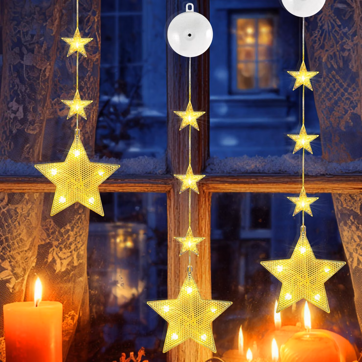 Set di 3 decorazioni a stella per finestre natalizie, con 8 modalità e timer, luce bianco caldo