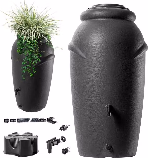 Serbatoio per acqua piovana KADAX in plastica colore antracite con kit di collegamento al rubinetto e supporto, capacità 210 l – 1