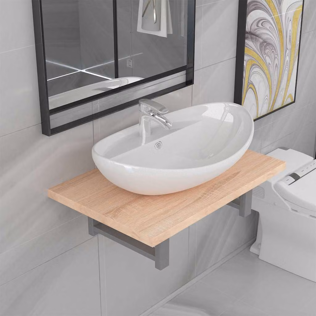 Set di mobili da bagno vidaXL in 2 pezzi con mobile lavabo e pensile in ceramica e legno rovere, bianco e marrone