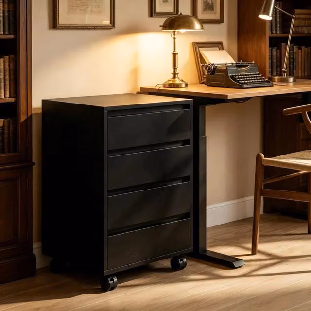Mobile contenitore da scrivania su ruote, contenitore con ruote e 4 cassetti, contenitore da scrivania con finitura in legno, contenitore ufficio mobi