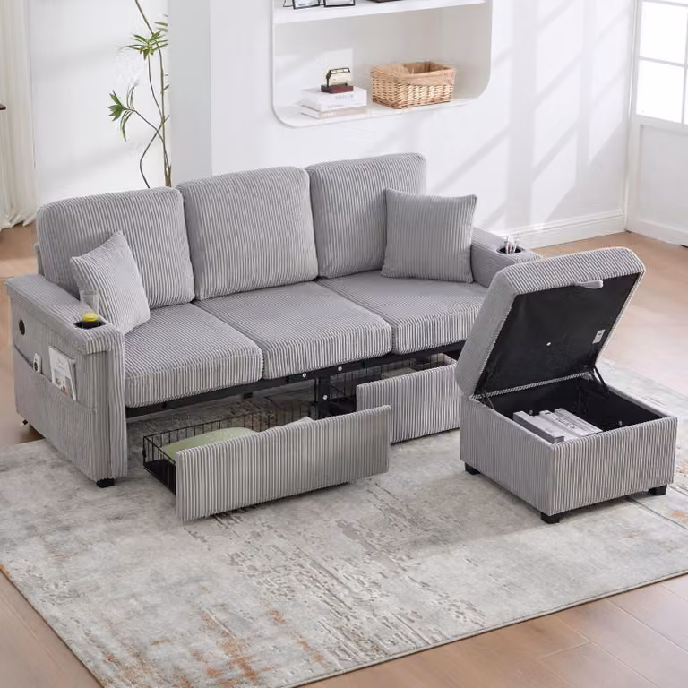LVHOM Divano angolare modulare con LED e USB, divano a 3 posti con pouf e cassetti, divano imbottito in tessuto a coste, grigio chiaro