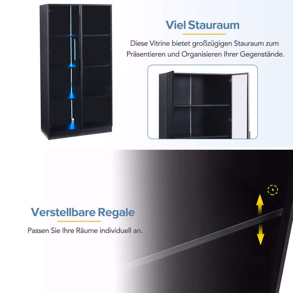 Vetrina REDOM con LED controllabile via App, 2 Ante in Vetro, Nero Opaco, L: 80 cm, P: 40 cm, H: 160 cm – 2