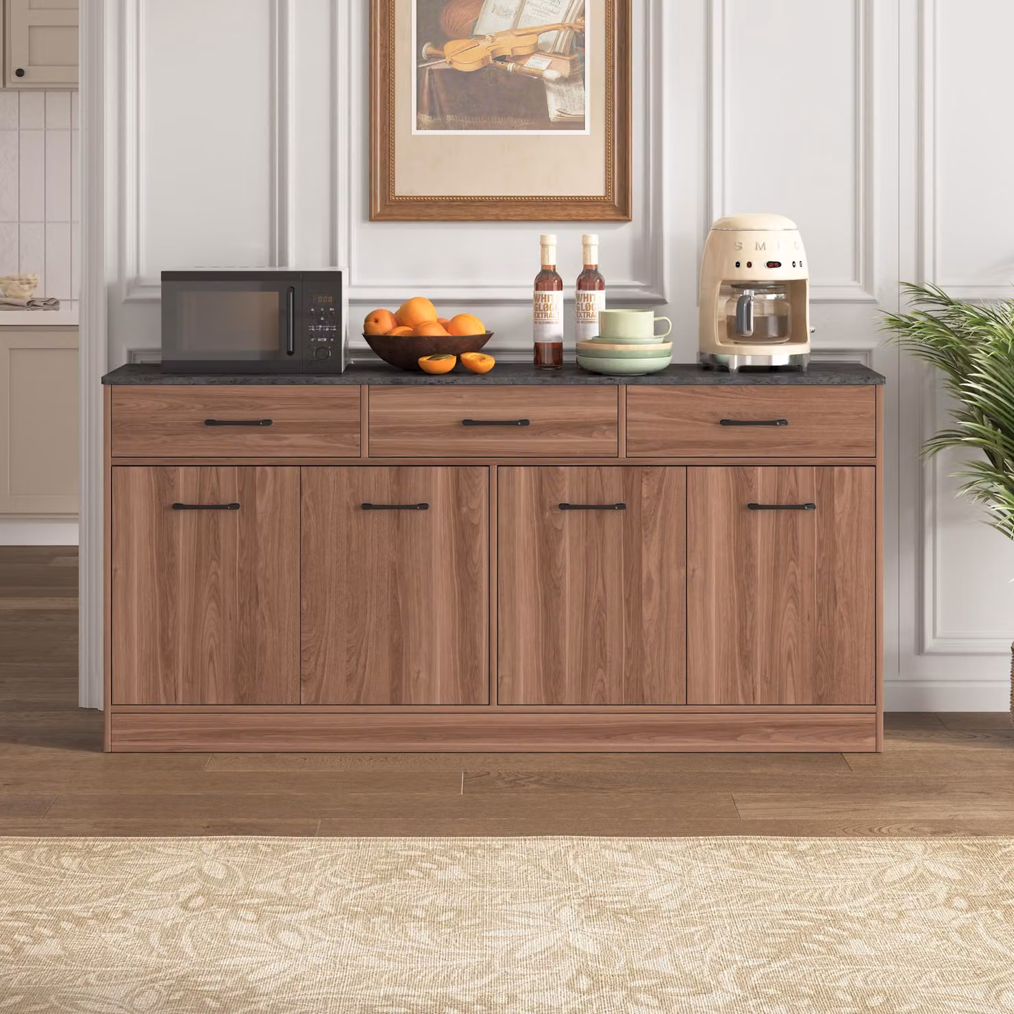 Mobile da cucina da 160 cm con 3 cassetti e 2 ante, ripiani interni regolabili in altezza, piano di lavoro con finitura effetto cemento o effetto noce, dimensioni 76,5 x 160 x 37 cm