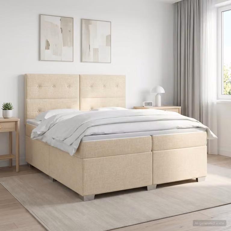 Letto box spring con materasso vidaXL in tessuto beige e bianco, L/P: 200 x 200 cm