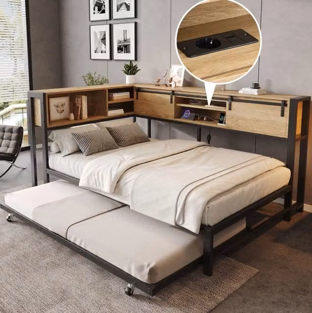 Letto in metallo 120x200 cm con letto estraibile 90x190 cm, contenitore in legno effetto naturale, ante scorrevoli, nero e naturale
