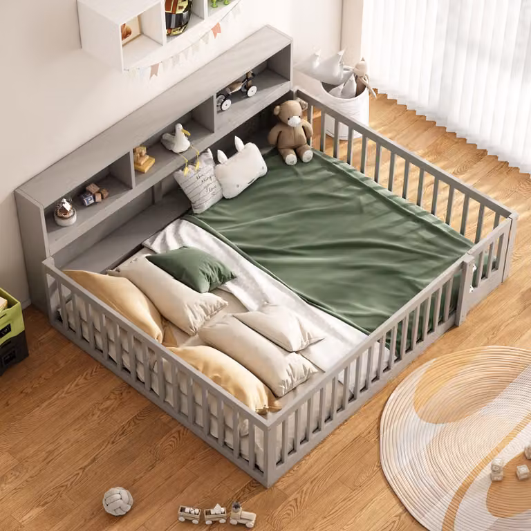 okwish letto da giorno letto da giorno 140x200cm con rete a doghe, letto da giorno letto per bambini letto da terra con contenitore, letto per ragazzi in legno con parapetto (con materasso) - grigio