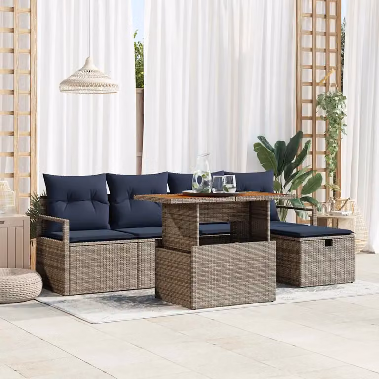 Set Divano da Giardino vidaXL 6 pz a Forma a L Grigio con Poltrona, Tavolino e Pouf in Polyrattan e Acciaio