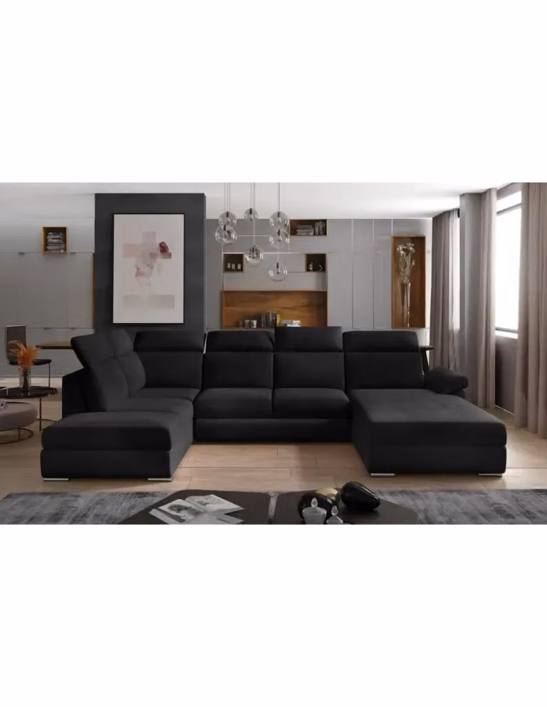 Divano panoramico convertibile MAJESTA MEUBLORAMA a 5 posti nero con angolo destro, funzione letto e poggiatesta regolabile – 2