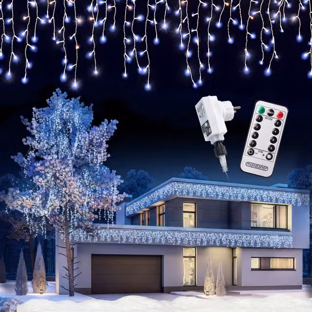 Luci di Natale Monzana con 600 LED Bianco Freddo, Lunghezza 20 m, con Telecomando e Timer, Impermeabili IP44