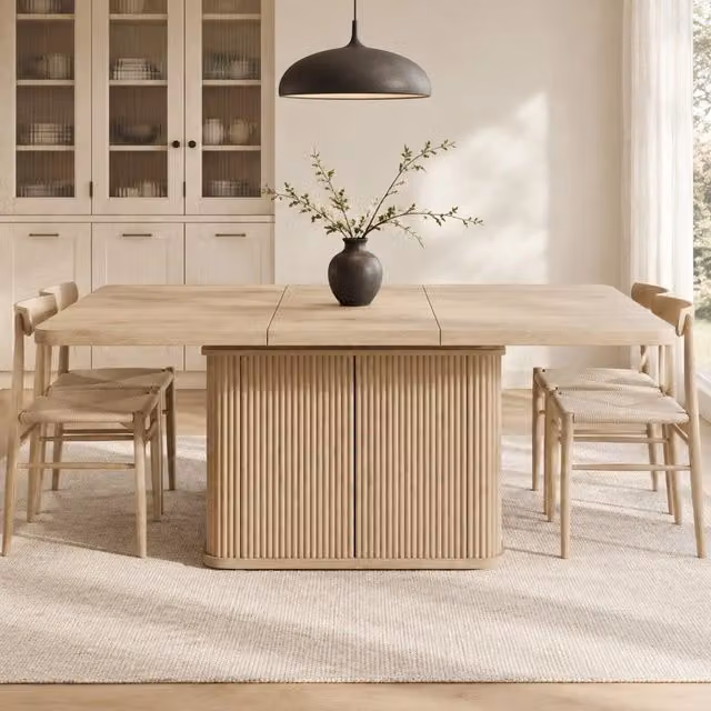 Tavolo da pranzo estensibile 140/180x80 cm con contenitore; MDF e metallo effetto legno chiaro