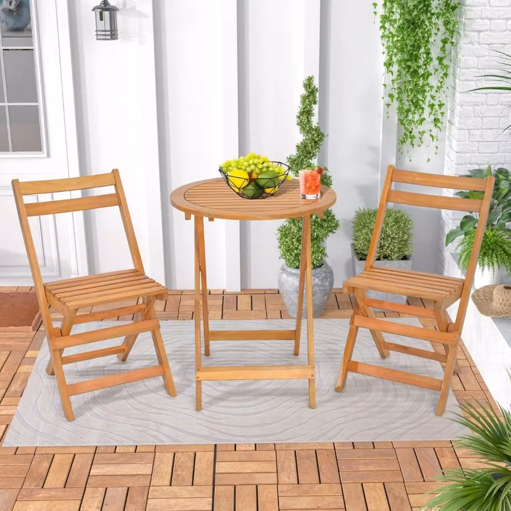 Set da pranzo da giardino pieghevole in legno di acacia marrone con tavolo rotondo e sedie – 2