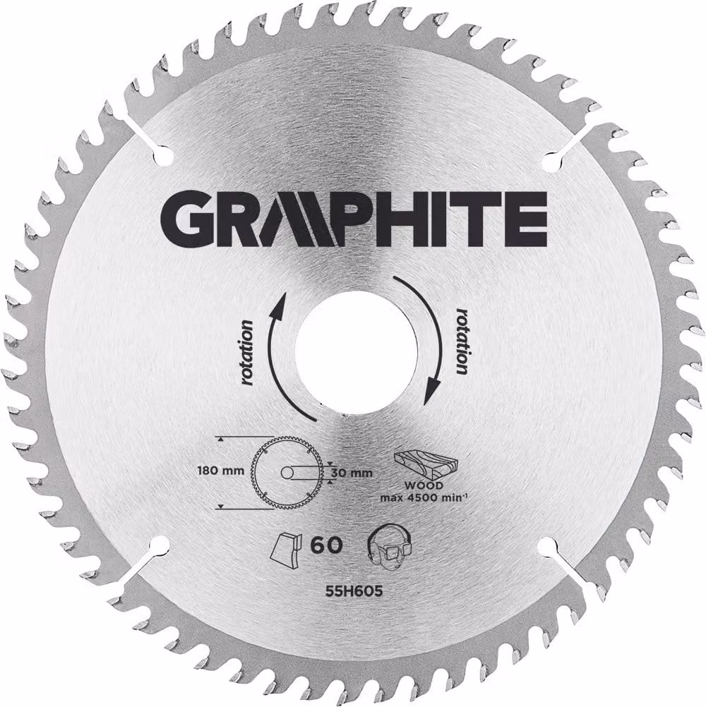 Lama circolare GRAPHITE Widia 180 x 30 mm, 60 denti per il taglio di legno e materiali a base di legno come compensato, truciolato, MDF.