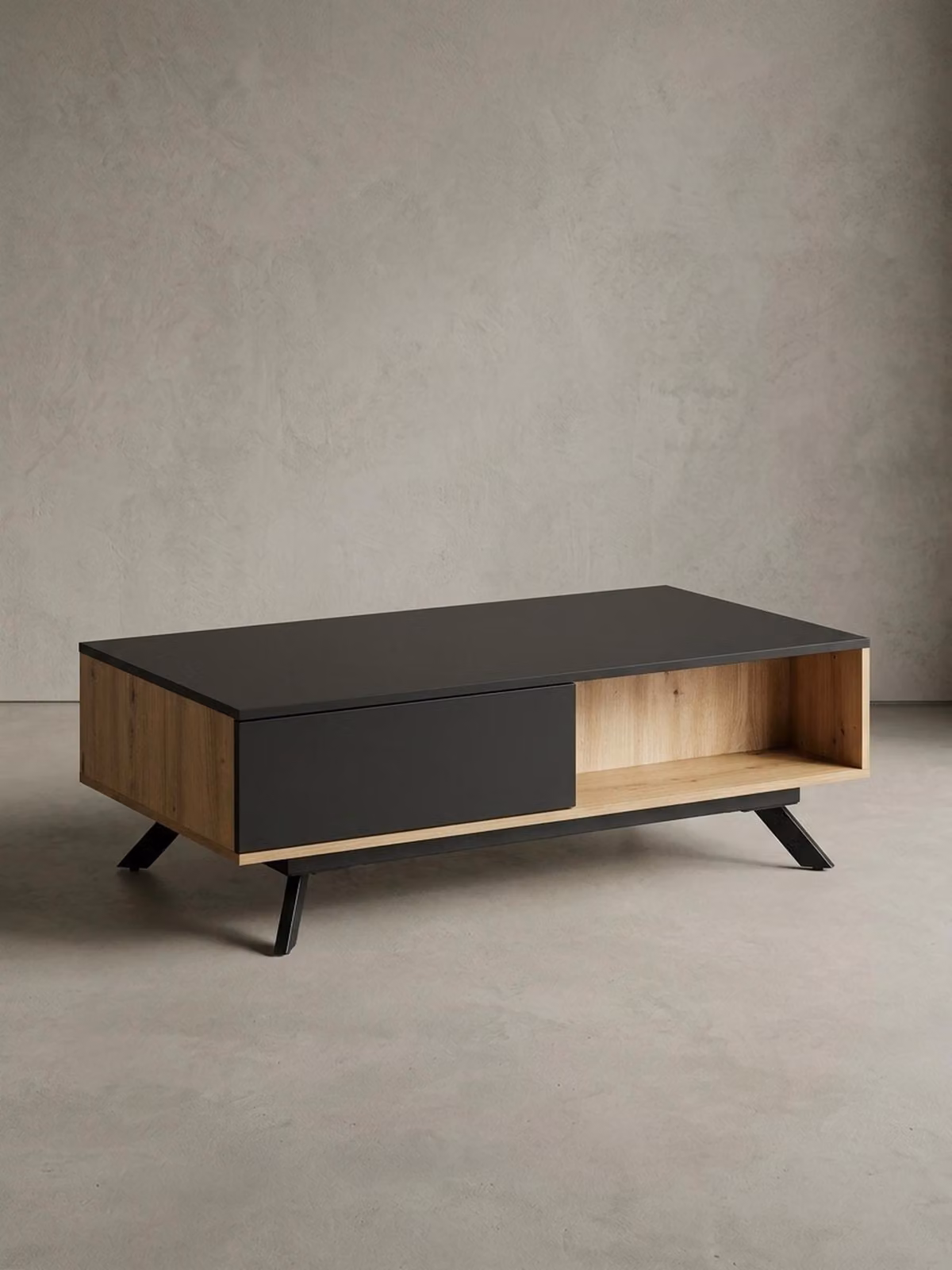 Tavolino moderno con vano contenitore, finitura rovere e nero, robusto e idrorepellente. 110x60x38 cm | Kadima Design