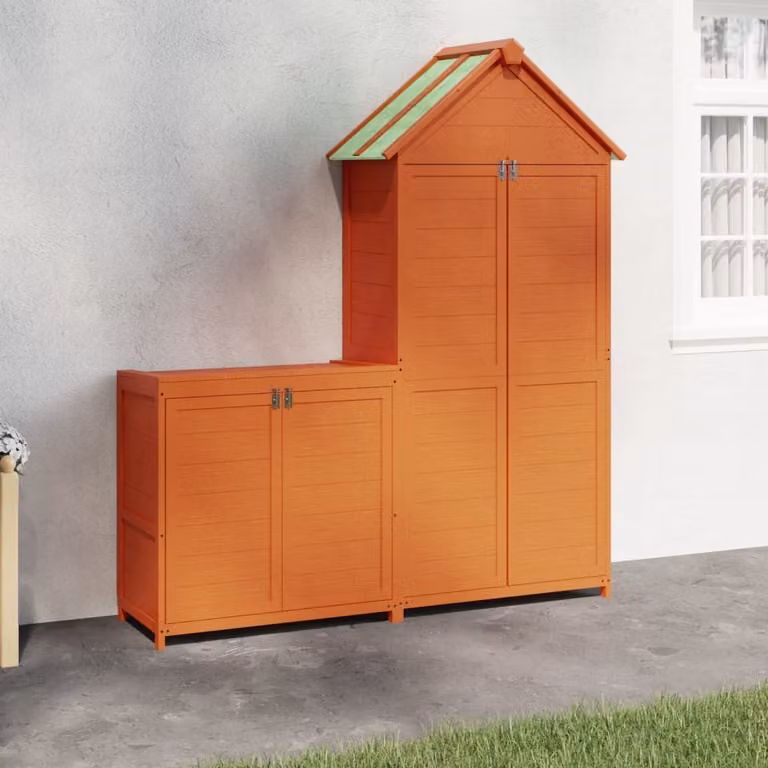 Set di 2 rimesse per attrezzi da giardino vidaXL in legno massello di pino, colore marrone e arancione, stile rustico con tetto a capanna