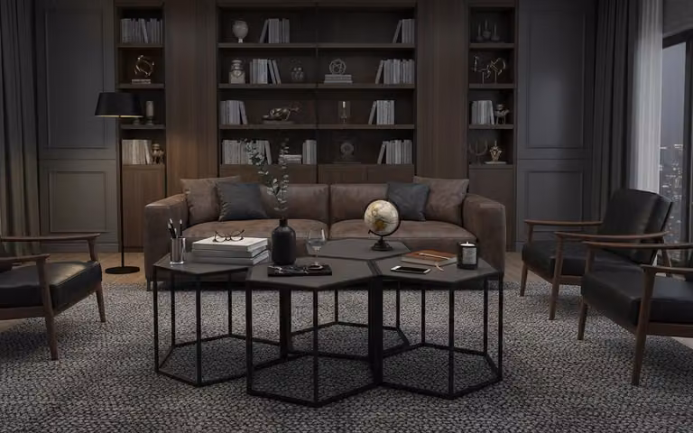 Tavolino da salotto moderno, minimalista, nero, elegante, di classe, confortevole
