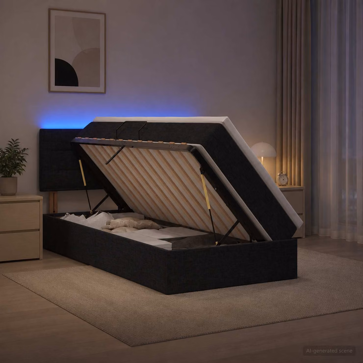 Letto con contenitore vidaXL in tessuto nero con illuminazione LED e porta USB, comprensivo di materasso a molle, L/P: 90 x 190 cm