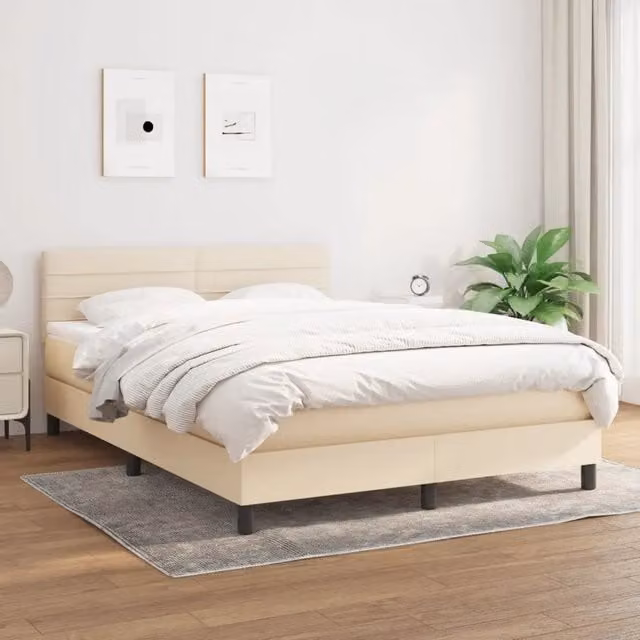 Letto Ibrido con Giroletto a Molle e Materasso vidaXL in Tessuto Beige e Bianco L/P: 140 x 190 cm – 1