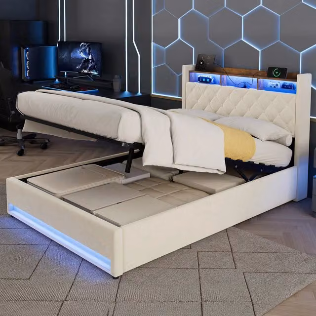 Letto contenitore 140x200 cm con illuminazione LED; USB e prese; testiera con mensola; letto confortevole per camera da letto; beige