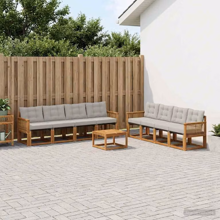 vidaXL Set di divani da esterno 9 pz in legno di acacia e textilene, colore beige e grigio con cuscini inclusi