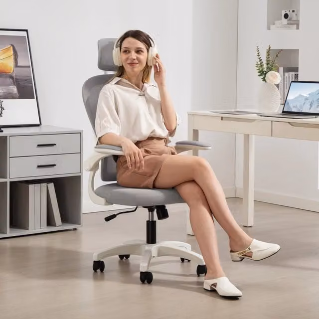 Sedia da ufficio ergonomica con supporto lombare 2D e braccioli ribaltabili in poliestere grigio