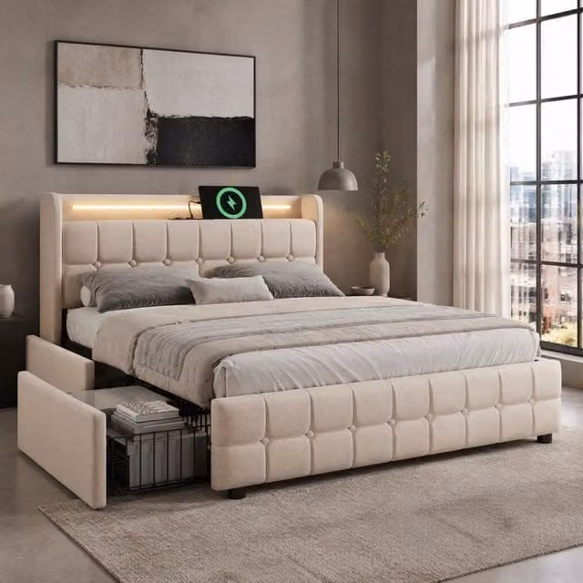 Letto con cassetti 180 × 200 cm con 4 cassetti LED prese USB e testiera imbottita beige