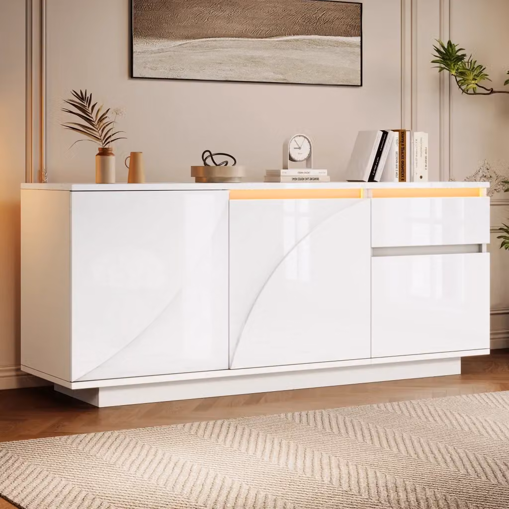 Credenza moderna bianca lucida con illuminazione LED e finitura in MDF, L 140 cm x P 40 cm x H 60 cm – 2