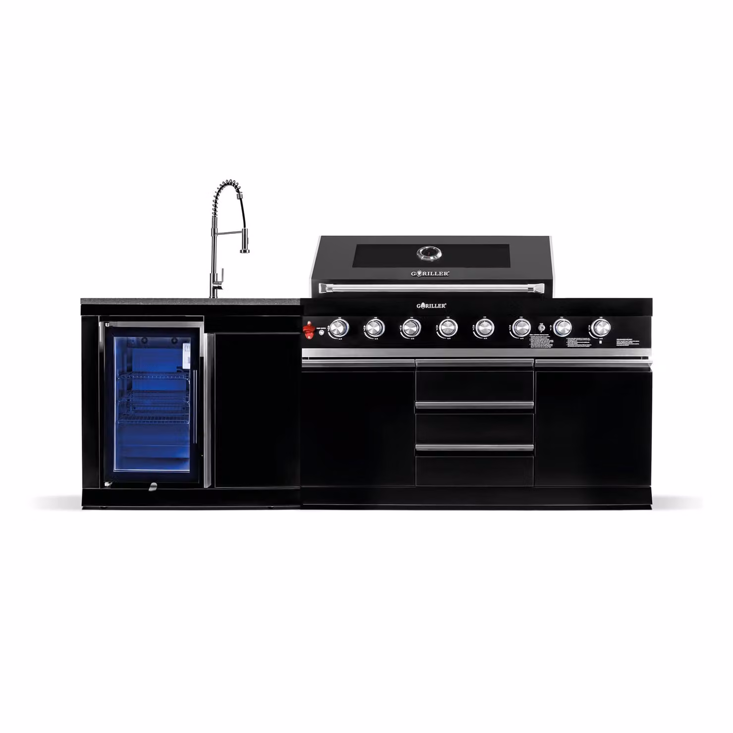 Cucina esterna GORILLER® BLACKBACK S1, grill a gas XXL con frigorifero e acqua dolce, acciaio inox, nero