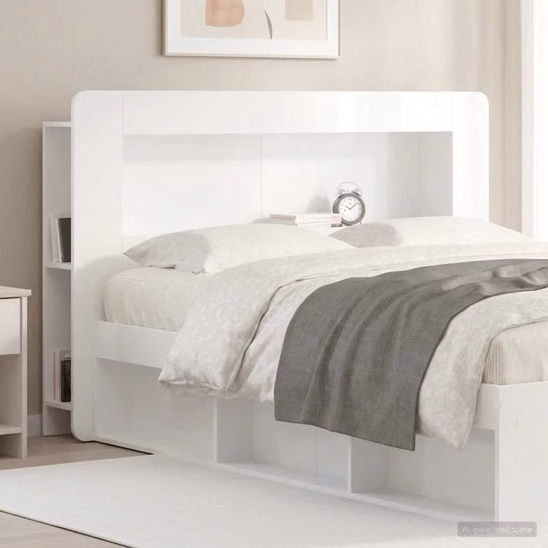 Testata del letto moderna vidaXL in legno ingegnerizzato bianco lucido con ripiani integrati L 182,0 cm x H 100,0 cm x P 24,8 cm