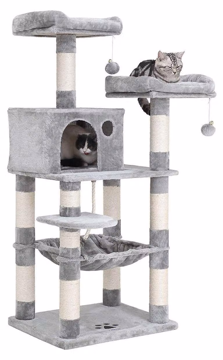 Albero per gatti con tiragraffi, torre da arrampicata e tana – colore grigio chiaro, dimensioni 55 x 45 x 143 cm