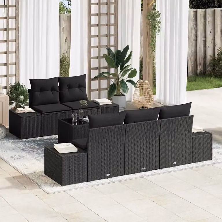 Set Divano da Giardino a L vidaXL Nero con Cuscini e Tavolino da Esterno in Polyrattan e Metallo